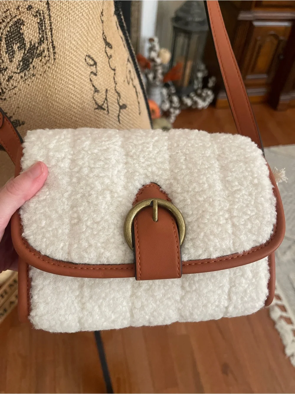 Universal Thread Cream Brown Sherpa Crossbody Purse Bag NWT